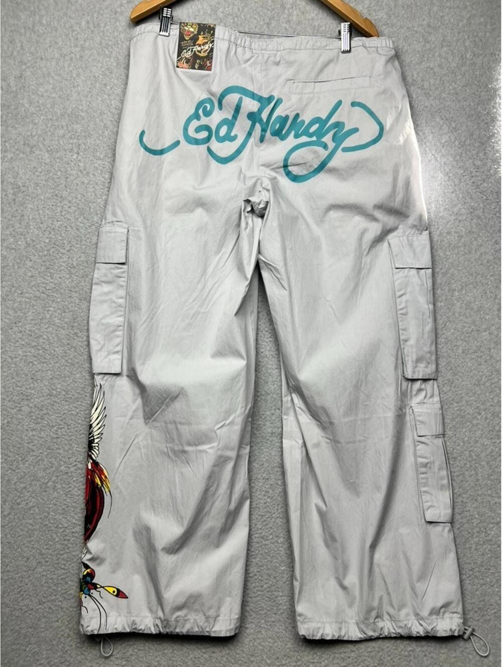 ED Hardy Cargo Pants Womens L Phoenix Butterfly Logo Gray Skater Baggy Y2k 90s